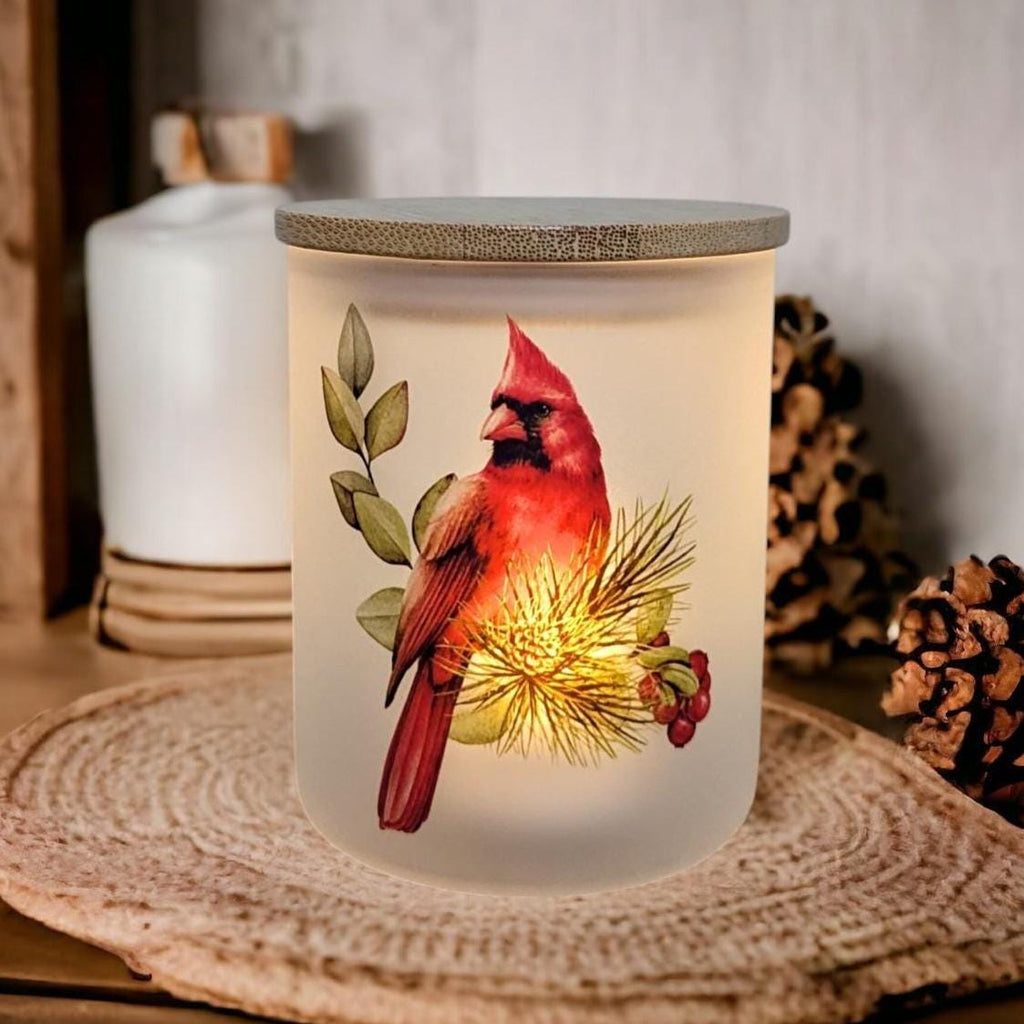 Cardinal Candle Holder With A Battery Operated Flickering Tea Light