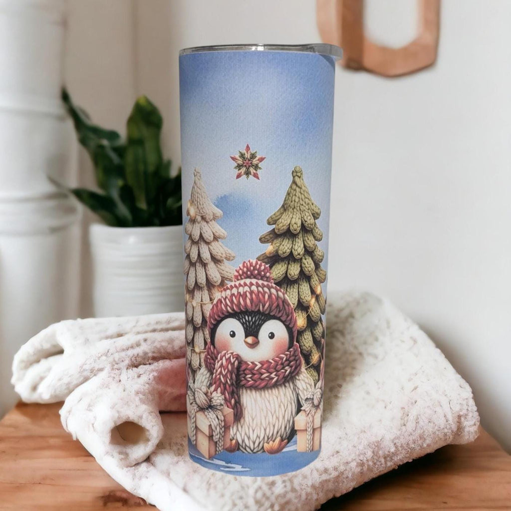Faux Yarn Christmas Penguin Tumbler Can Be Personalized, Includes A Reusable Straw,  For Hot Or Cold Drinks, Christmas Party Gift