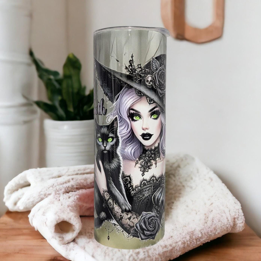 Witch With Black Cat Tumbler Can Be Personalized, Halloween Gift, Gift For Her, 20oz Tumbler With Reusable Straw, Hot Or Cold Beverages