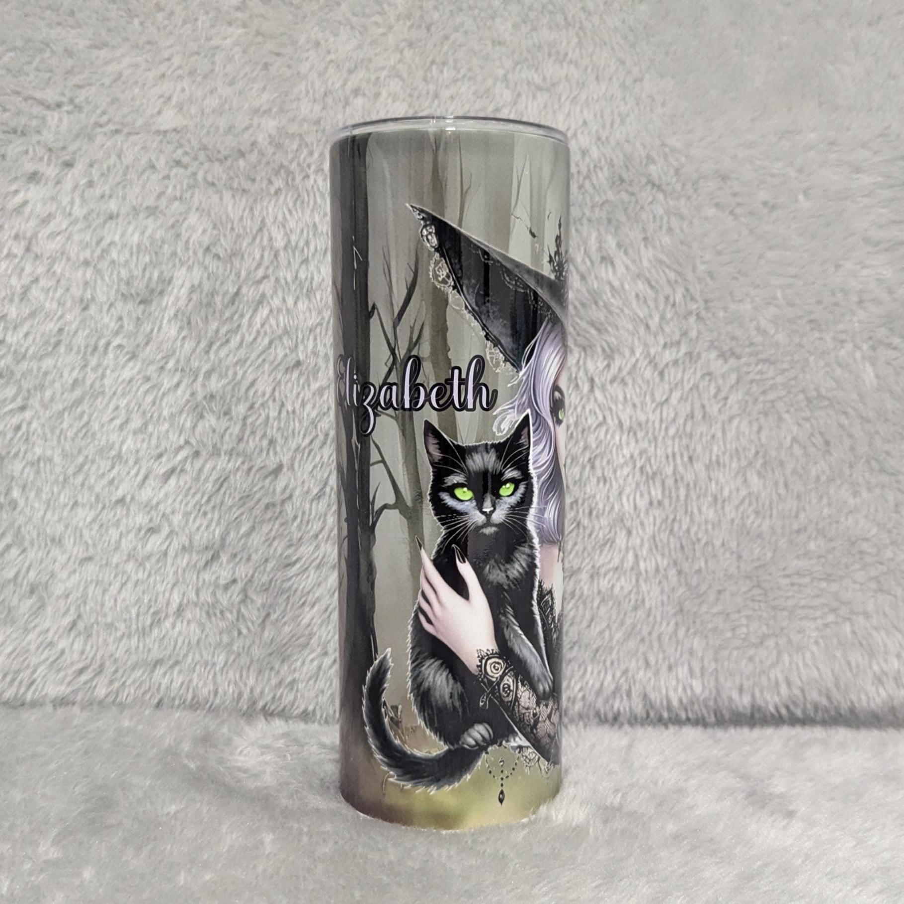 Witch With Black Cat Tumbler Can Be Personalized, Halloween Gift, Gift For Her, 20oz Tumbler With Reusable Straw, Hot Or Cold Beverages