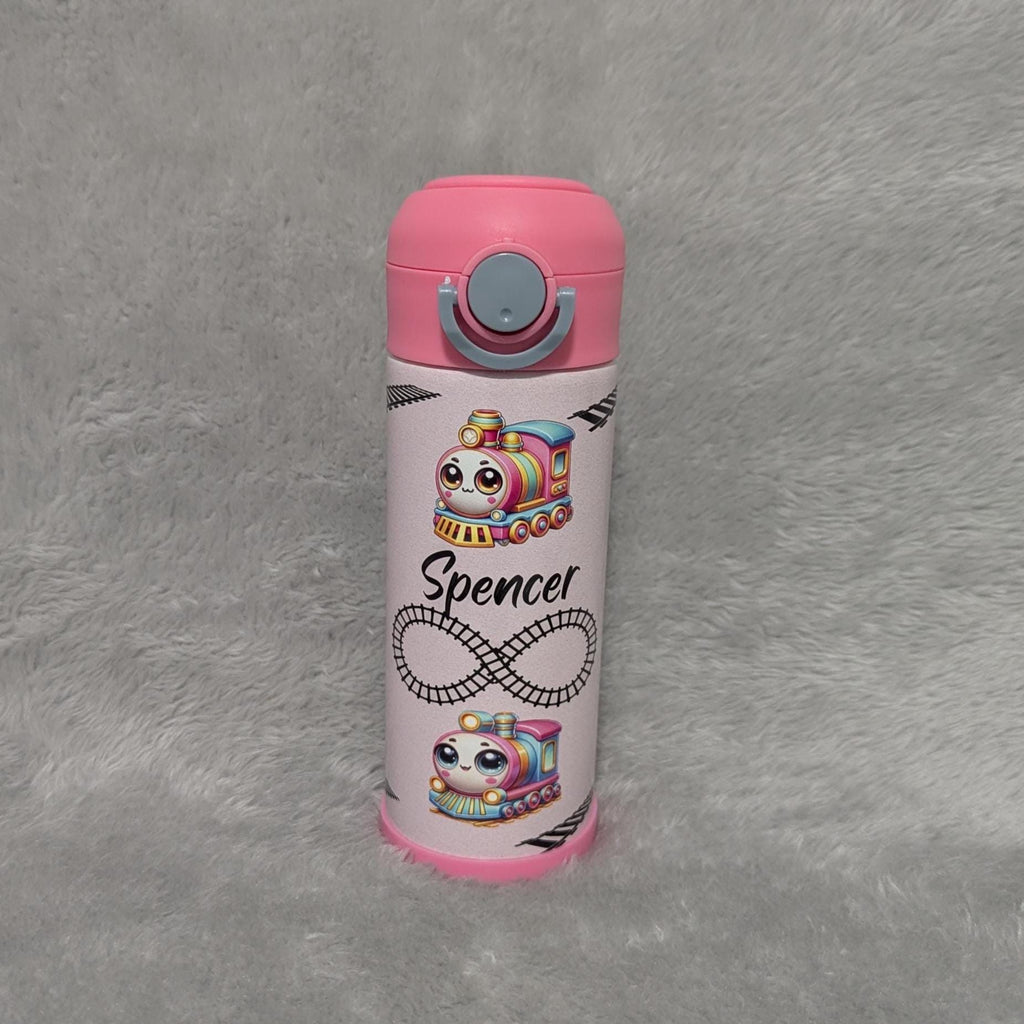 Kids Train Water Bottle 12oz With Reusable Straw,Can Be Personalized