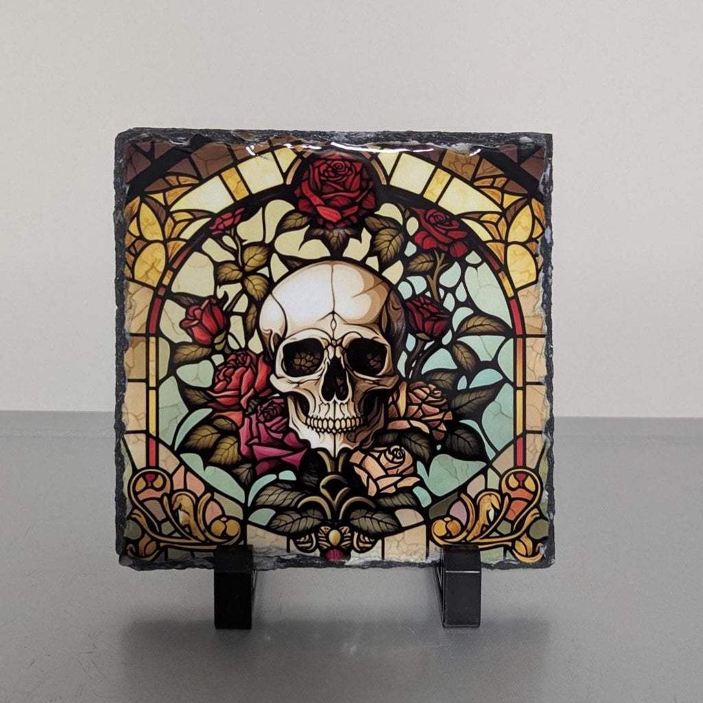 Slate Skull and Roses Picture With Display Legs