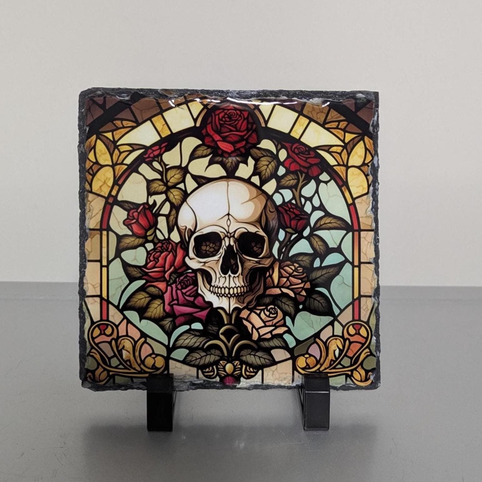 Slate Skull and Roses Picture With Display Legs