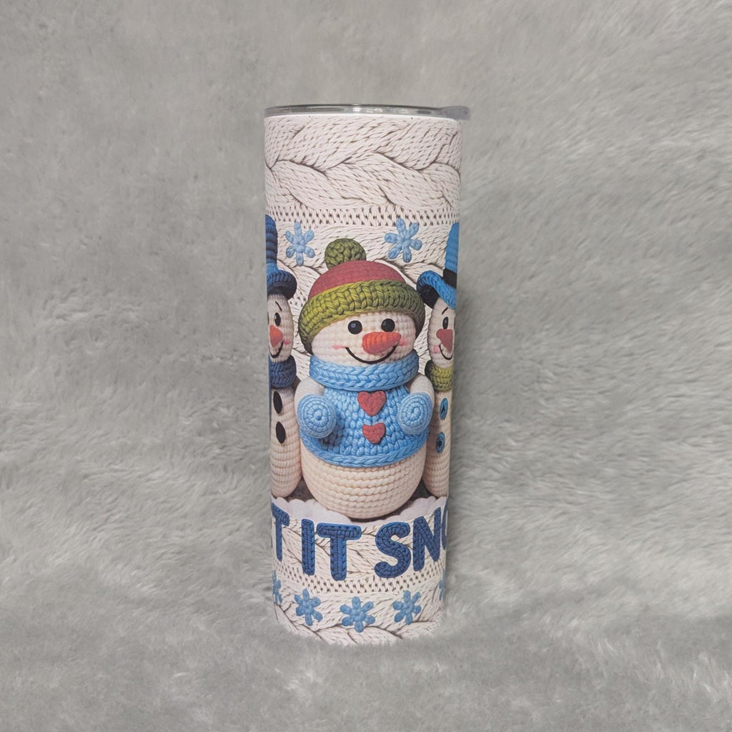 Crochet Design Snowman Tumbler Can Be Personalized, Let it Snow Snowmen, Tumbler Includes A Reusable Straw - For Hot Or Cold Drinks