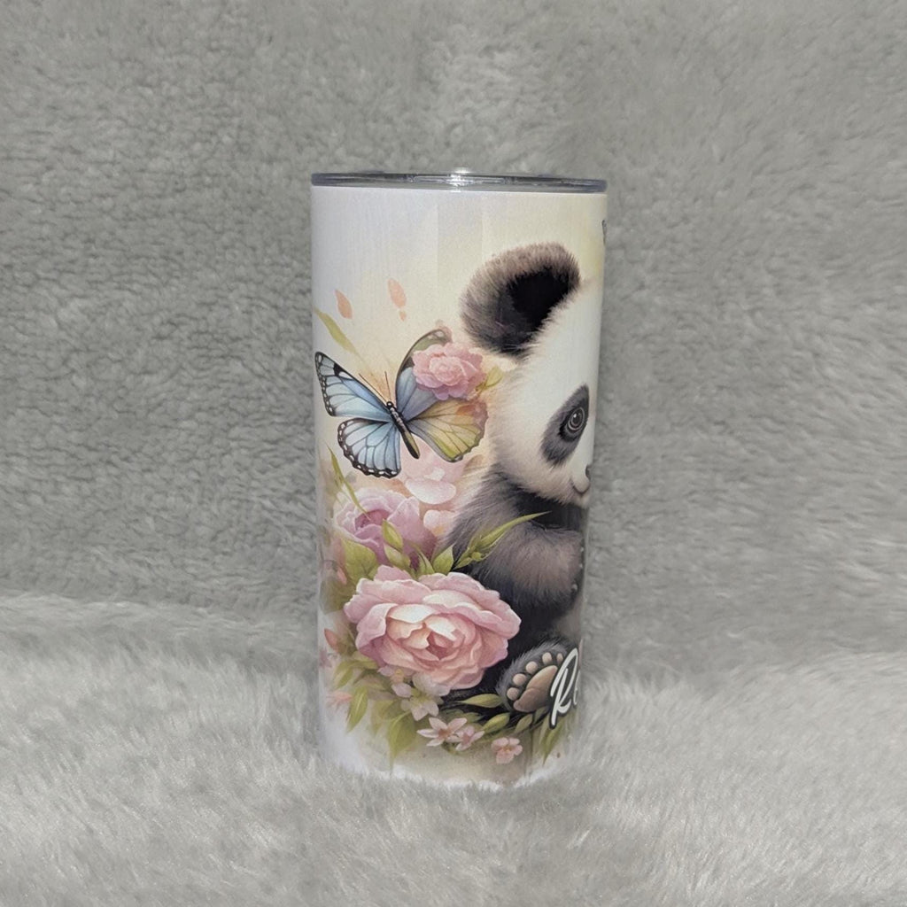 Panda Bear With Flowers And Butterflies Tumbler, Panda Tumbler Can Be Personalized, Kids Cup With Name, Includes A Reusable Plastic Straw