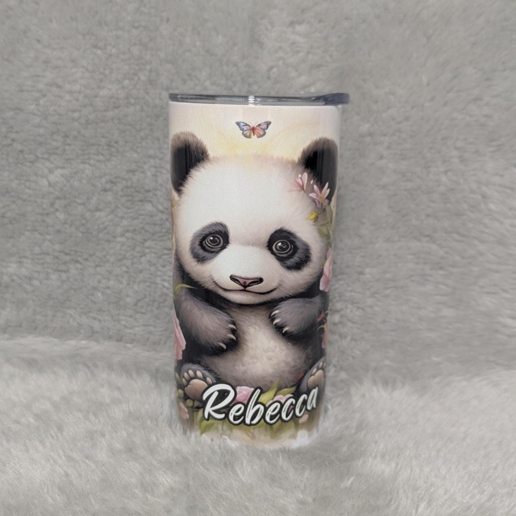 Panda Bear With Flowers And Butterflies Tumbler, Panda Tumbler Can Be Personalized, Kids Cup With Name, Includes A Reusable Plastic Straw