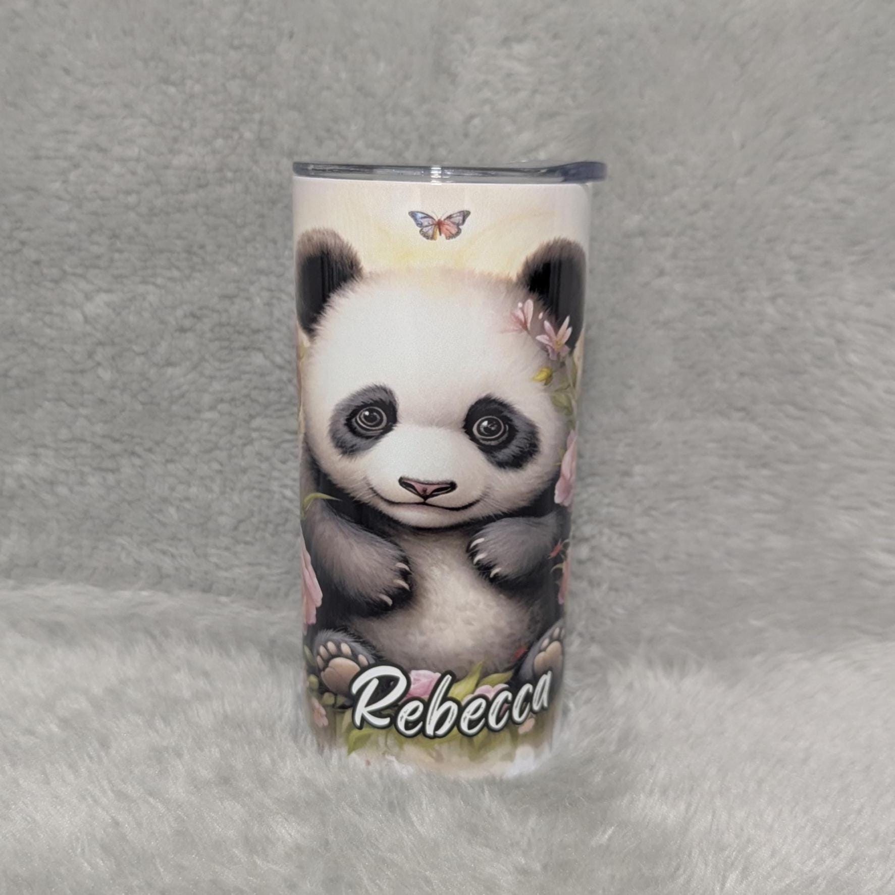 Panda Bear With Flowers And Butterflies Tumbler, Panda Tumbler Can Be Personalized, Kids Cup With Name, Includes A Reusable Plastic Straw