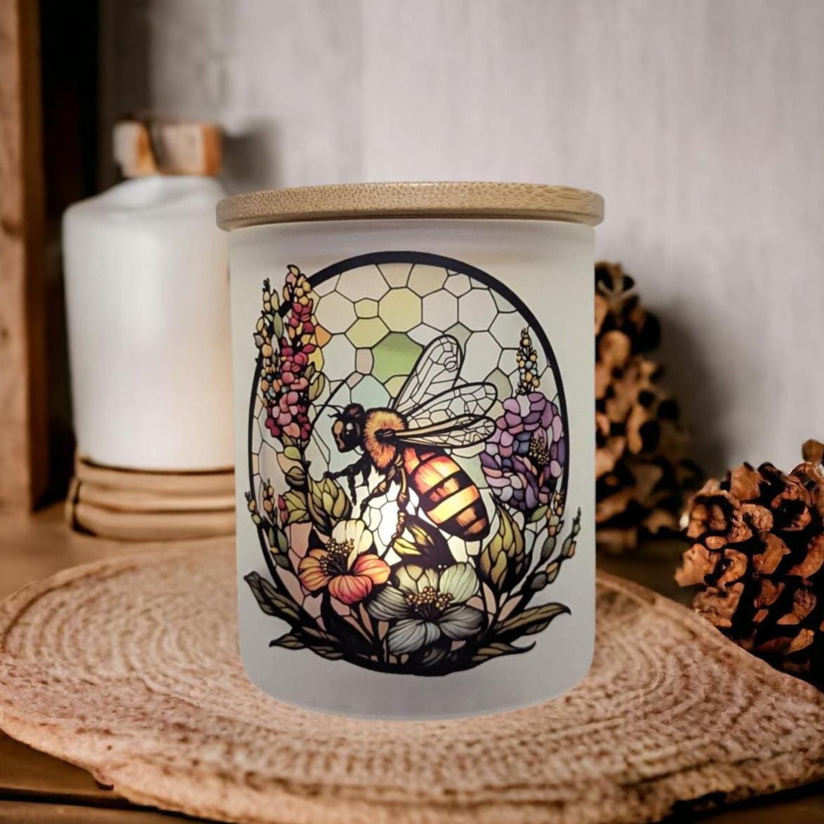 Stained Glass Bee Design Candle Holder With A Battery Operated Flickering Tea Light