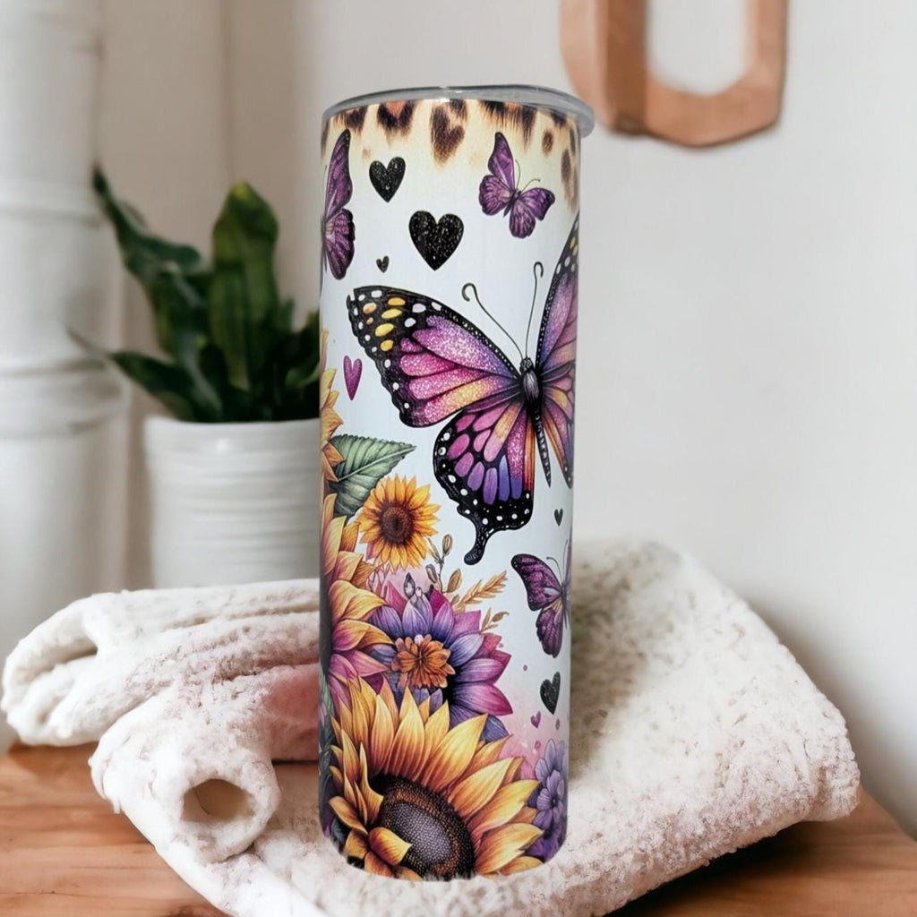 Beautiful Butterflies and Sunflowers Tumbler 20oz With Reusable Straw, Can Be Personalized