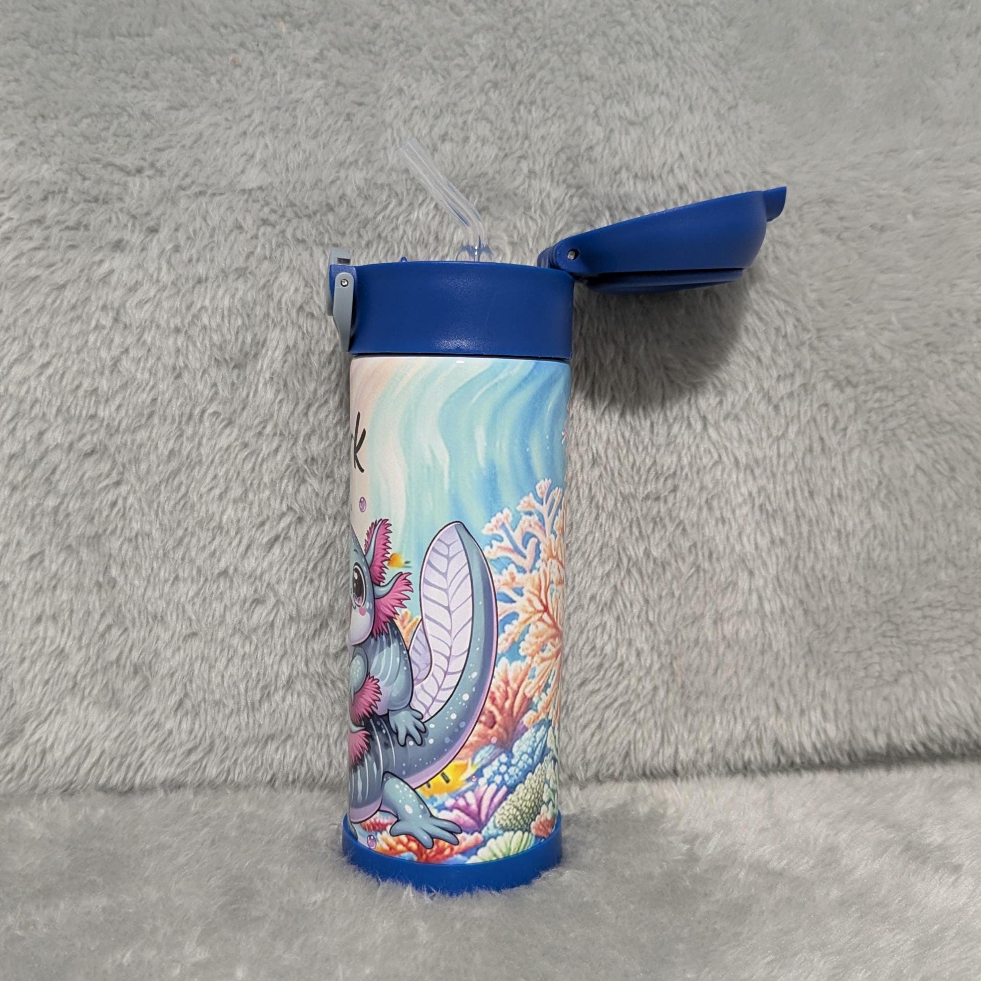Kids Axolotl Water Bottle 12oz With Reusable Straw Can Be Personalized