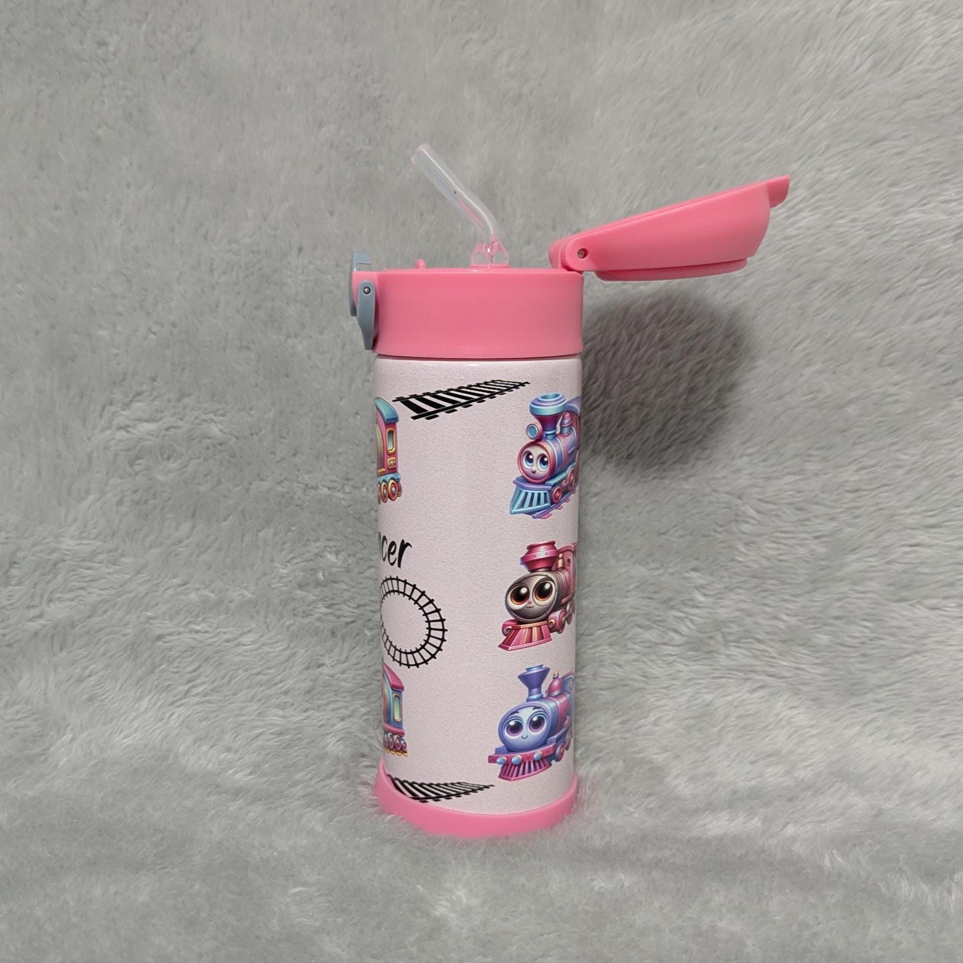Kids Train Water Bottle 12oz With Reusable Straw,Can Be Personalized
