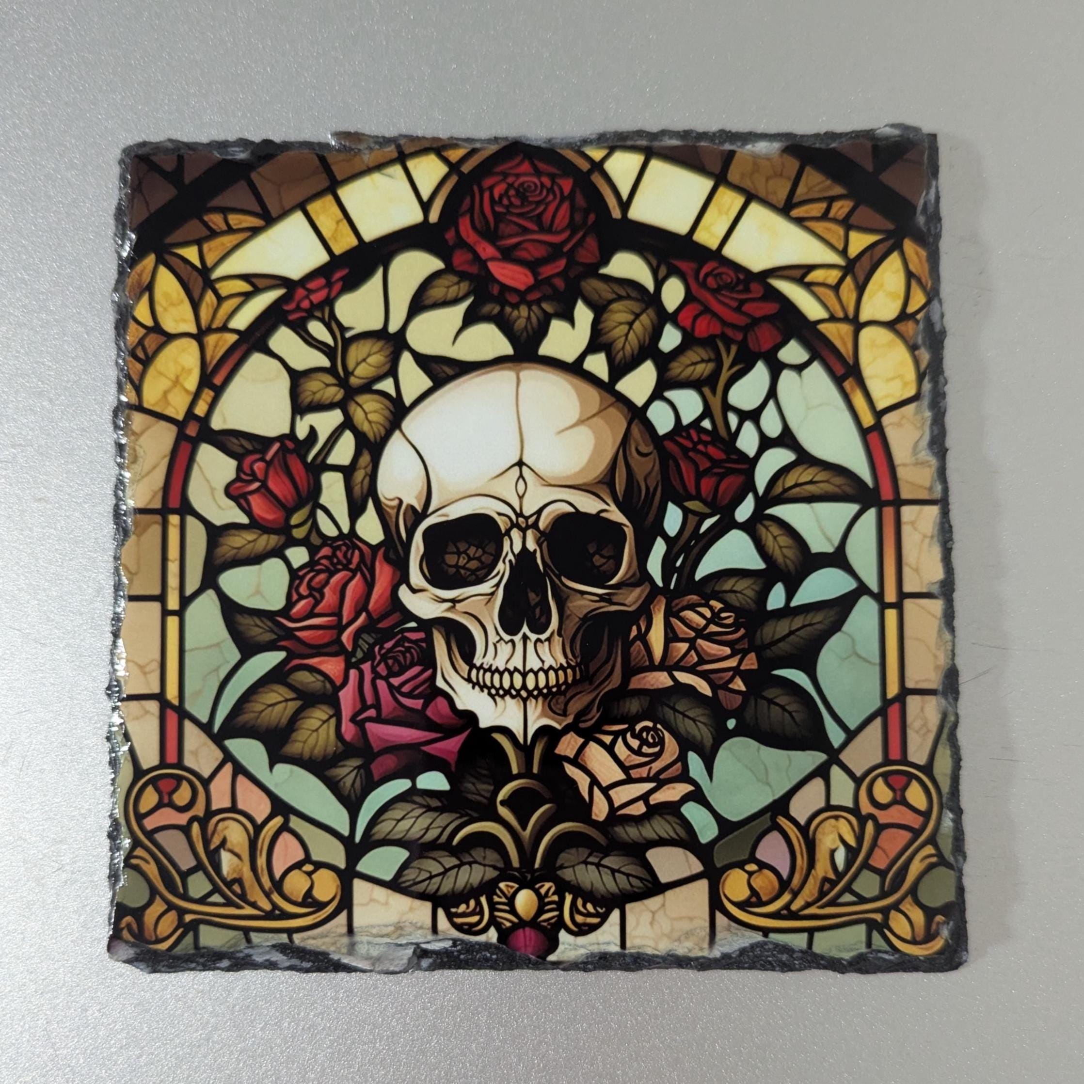 Slate Skull and Roses Picture With Display Legs