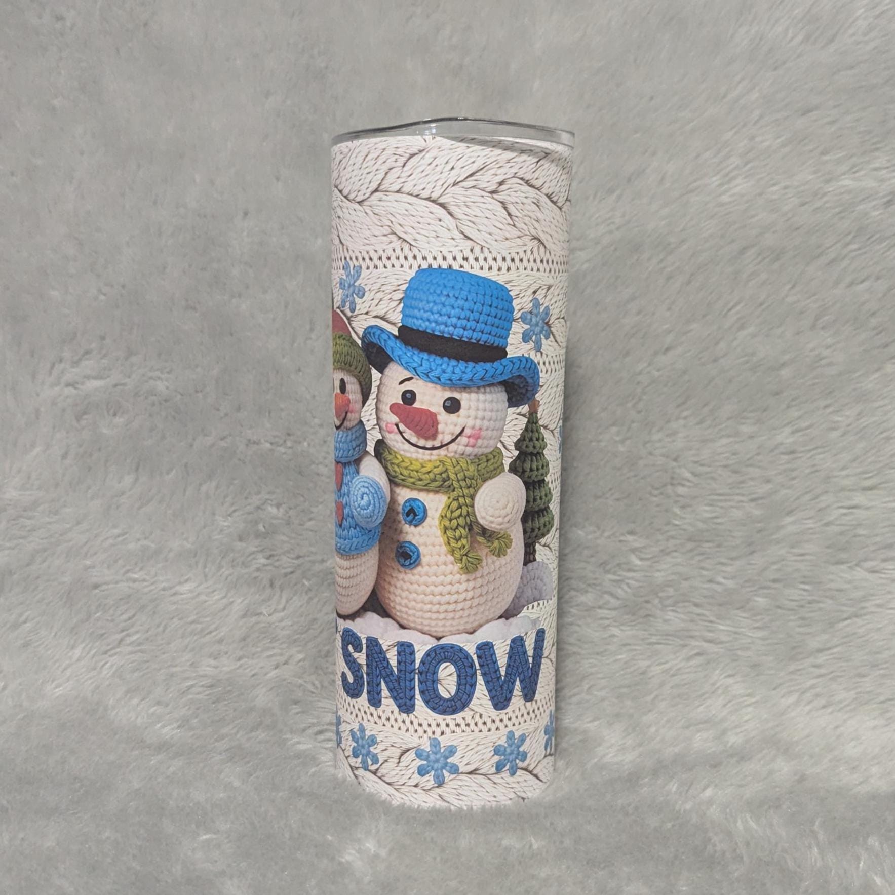 Crochet Design Snowman Tumbler Can Be Personalized, Let it Snow Snowmen, Tumbler Includes A Reusable Straw - For Hot Or Cold Drinks