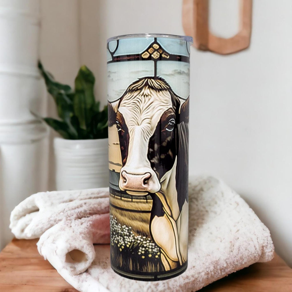 Holstein Cow Tumbler With A Stained Glass Design 20oz With Reusable Straw, Can Be Personalized