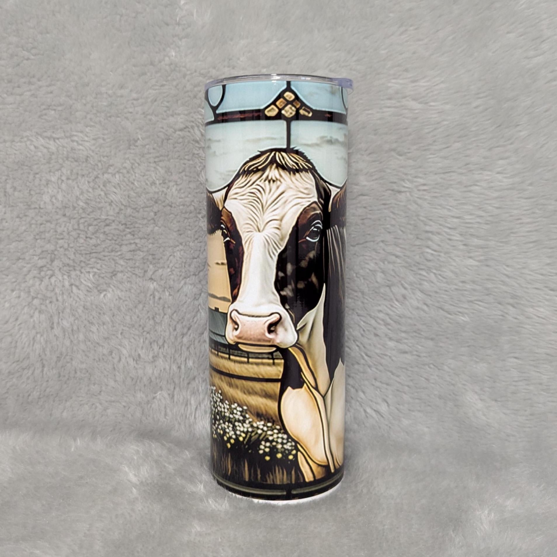 Holstein Cow Tumbler With A Stained Glass Design 20oz With Reusable Straw, Can Be Personalized
