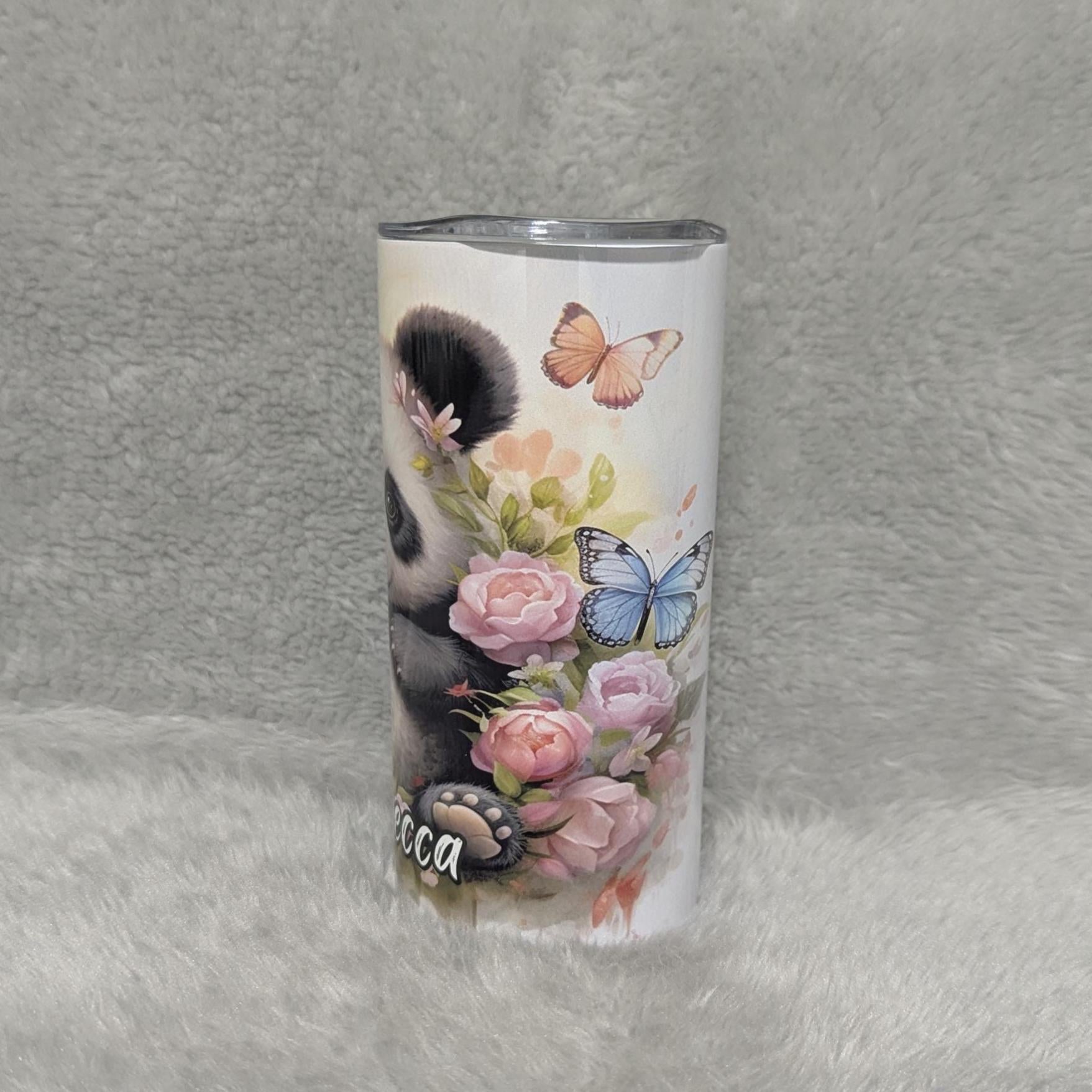 Panda Bear With Flowers And Butterflies Tumbler, Panda Tumbler Can Be Personalized, Kids Cup With Name, Includes A Reusable Plastic Straw