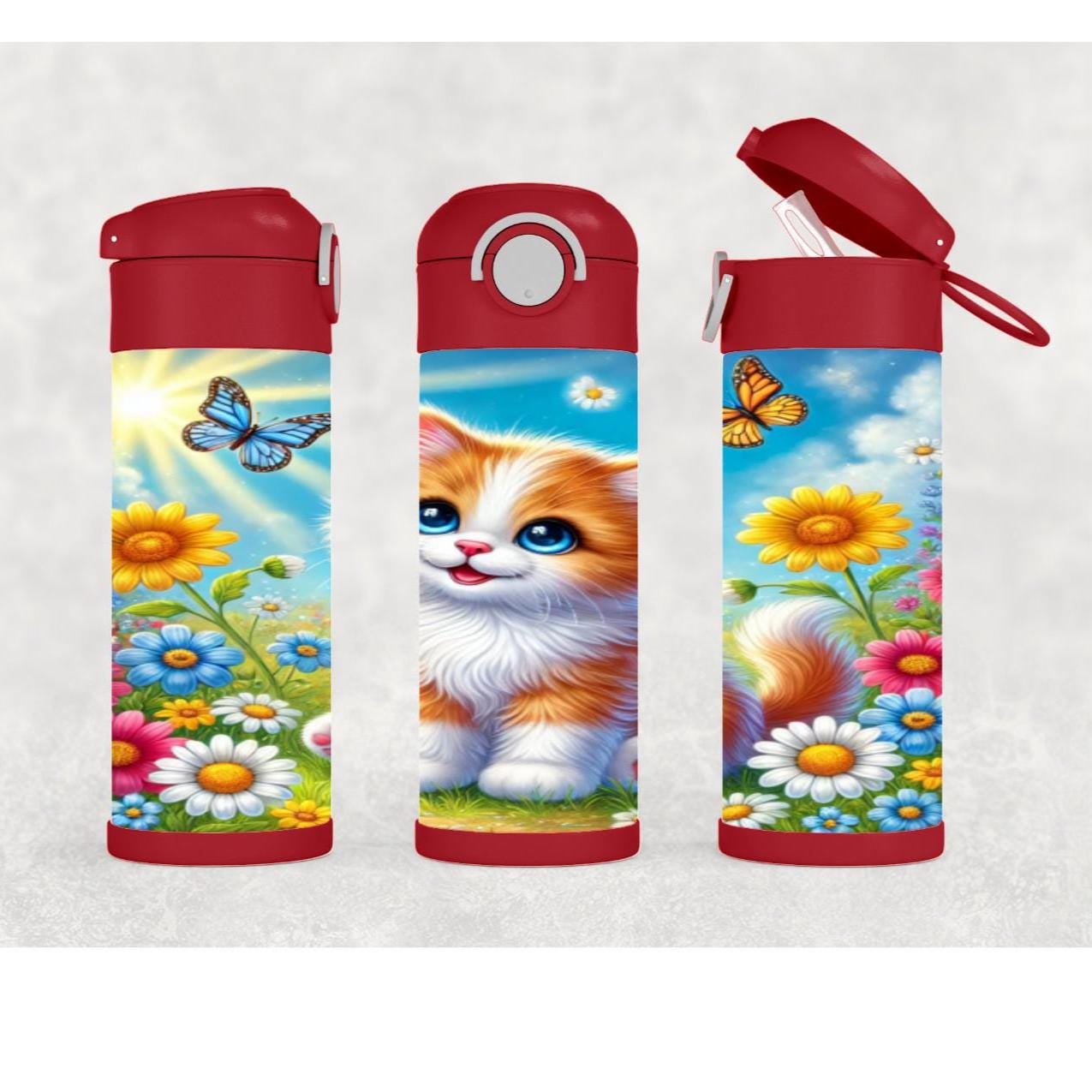 Kids Kitten Water Bottle Tumbler 12oz With Reusable Straw Can Be Personalized