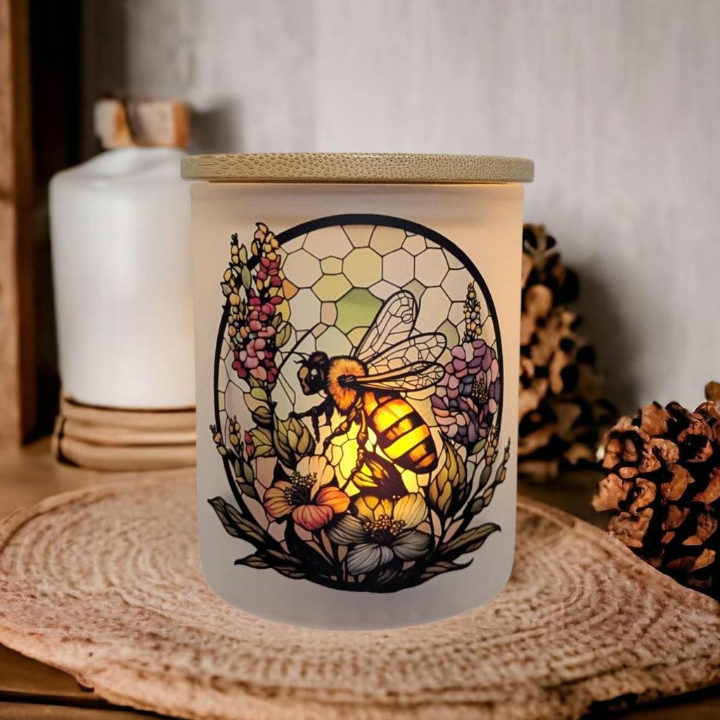 Stained Glass Bee Design Candle Holder With A Battery Operated Flickering Tea Light