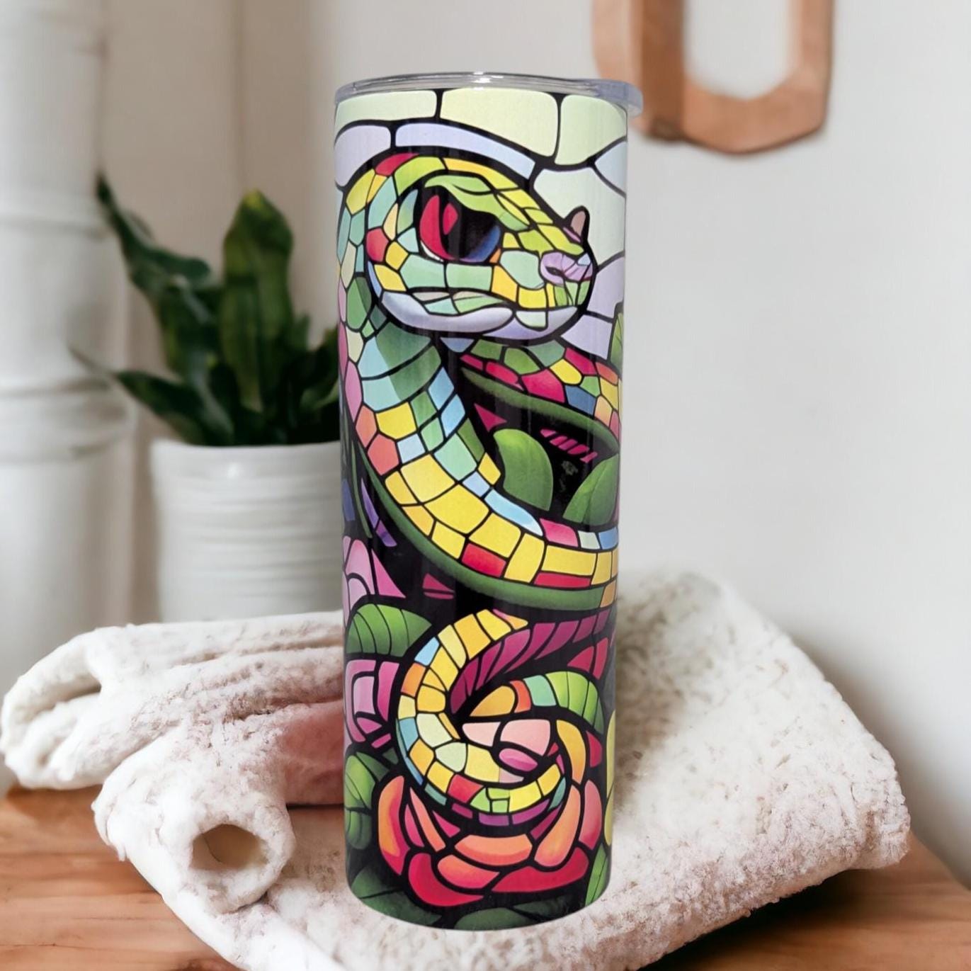 Beautiful Snake Tumbler With A Stained Glass Design 20oz With Reusable Straw, Can Be Personalized