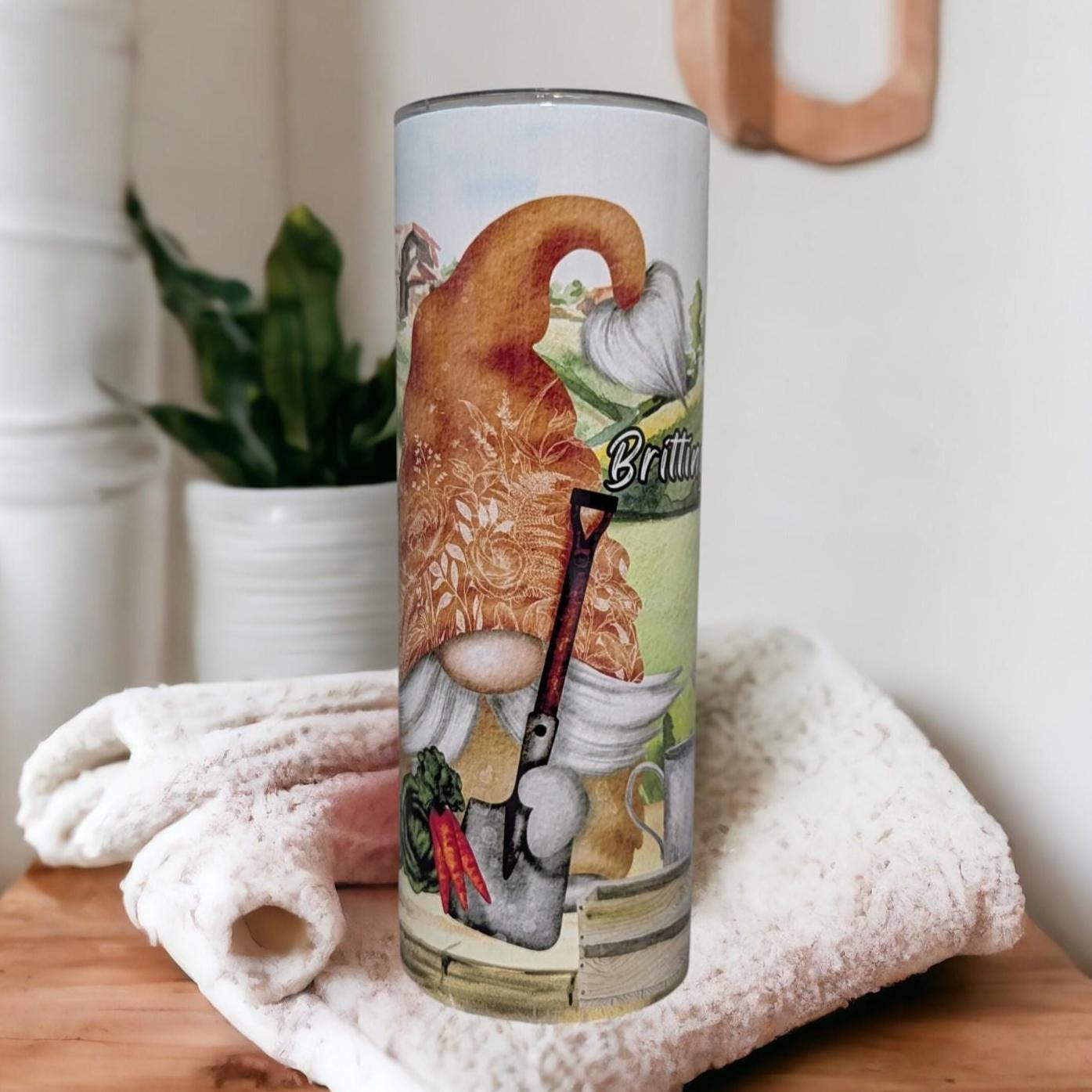 Garden Gnome Tumbler 20oz With Reusable Straw, Can Be Personalized