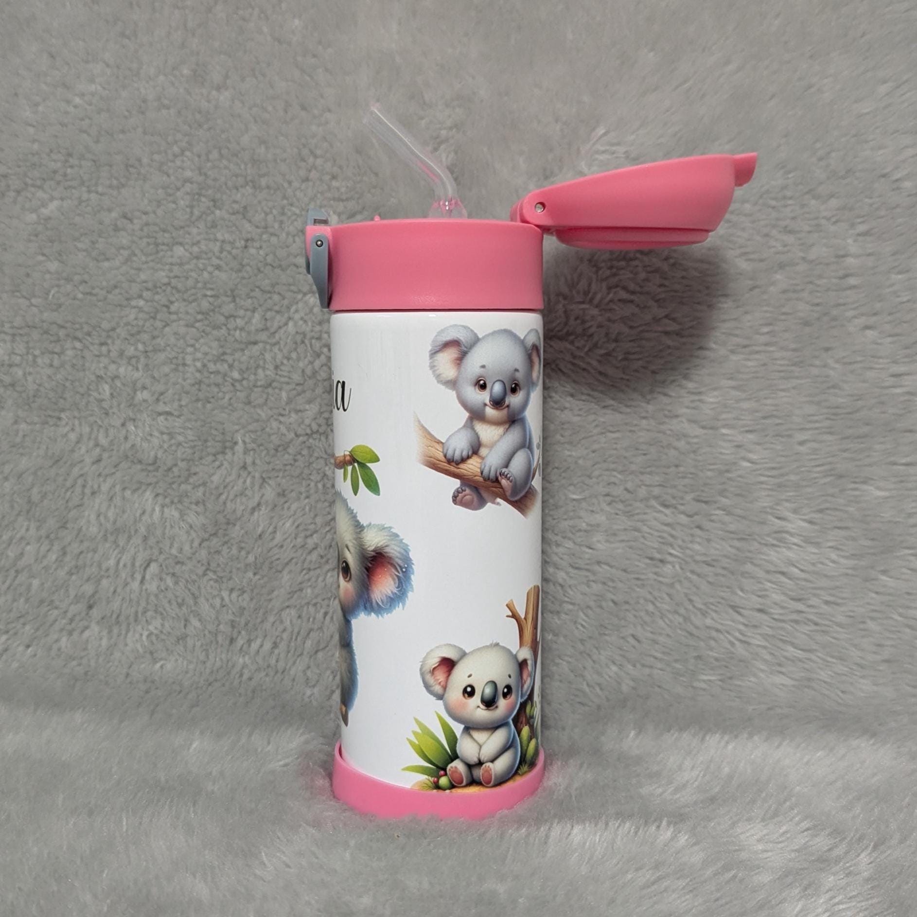 Kids Koala Bear Water Bottle 12oz With Reusable Straw, Can Be Personalized