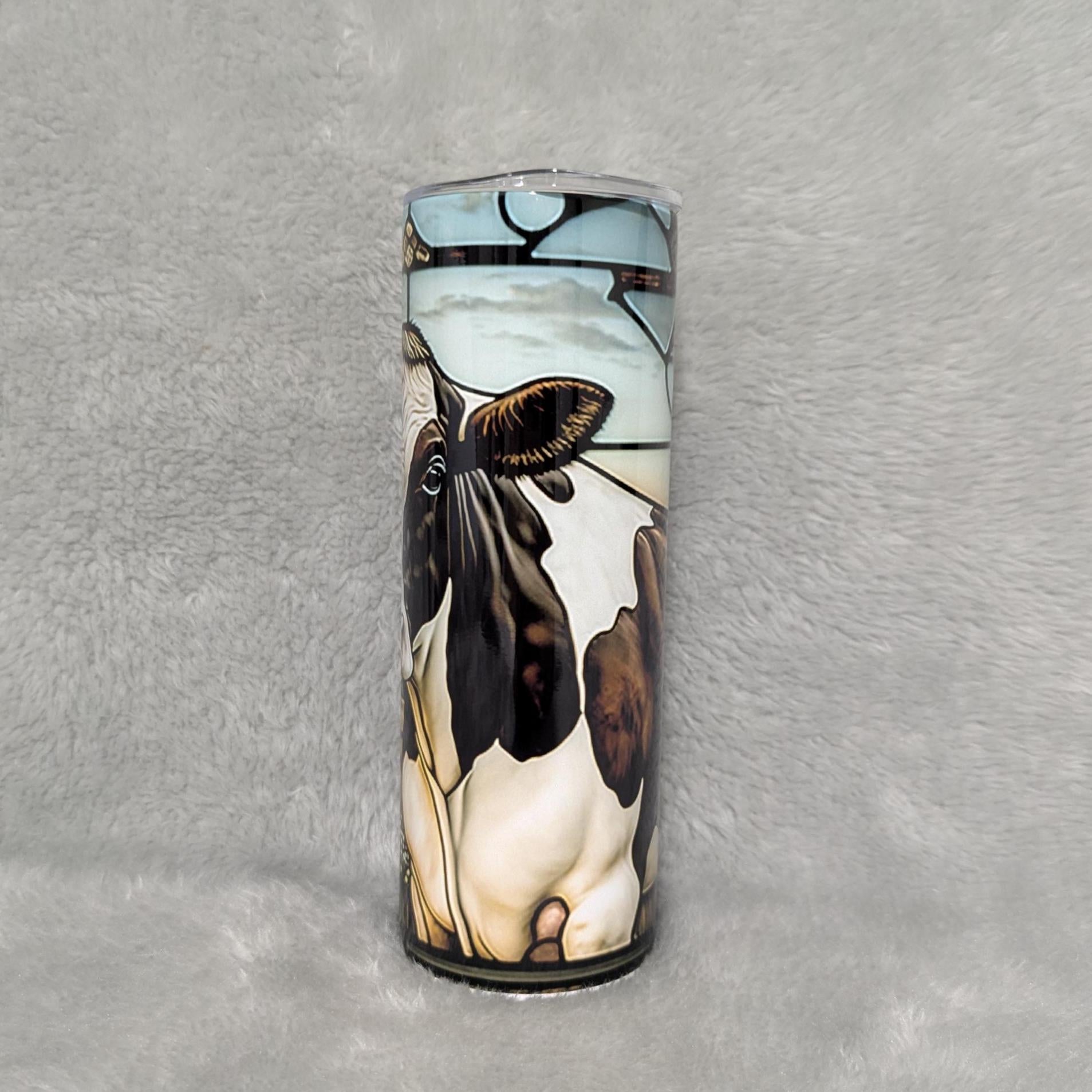 Holstein Cow Tumbler With A Stained Glass Design 20oz With Reusable Straw, Can Be Personalized