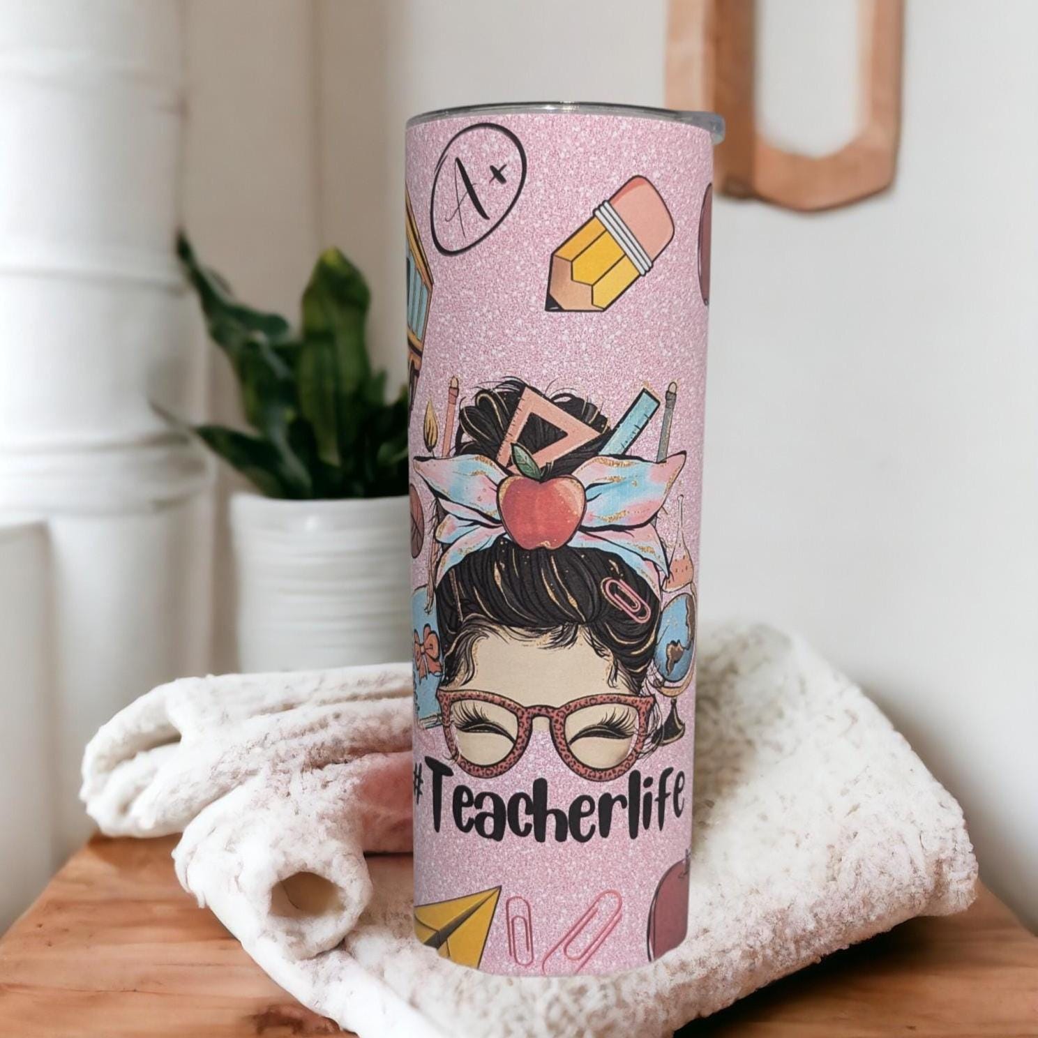 Teacher Life Messy Bun Girl Tumbler 20oz With Reusable Straw, Can Be Personalized