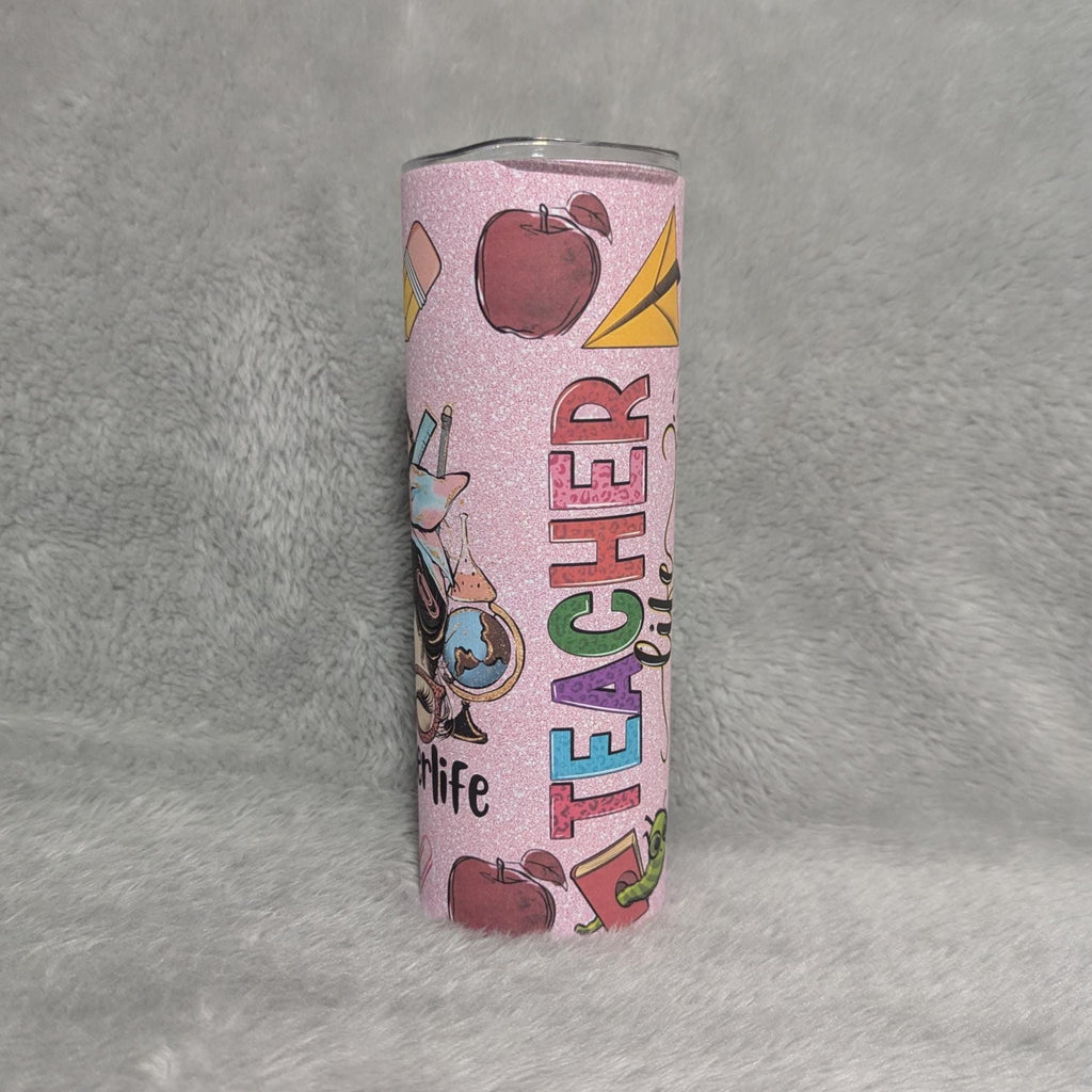 Teacher Life Messy Bun Girl Tumbler 20oz With Reusable Straw, Can Be Personalized