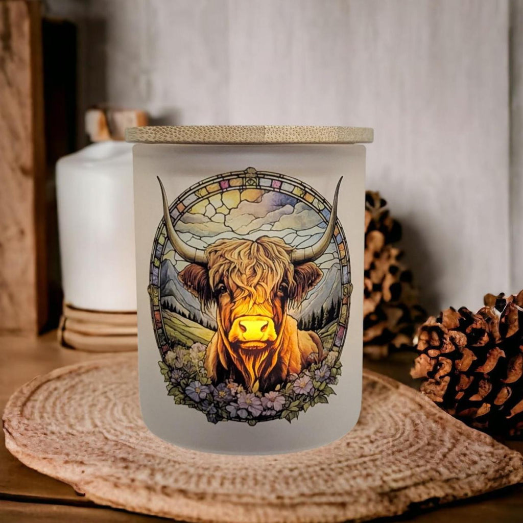 Highland Cow Stained Glass Design Candle Holder with Battery Operated Flickering Tea Light