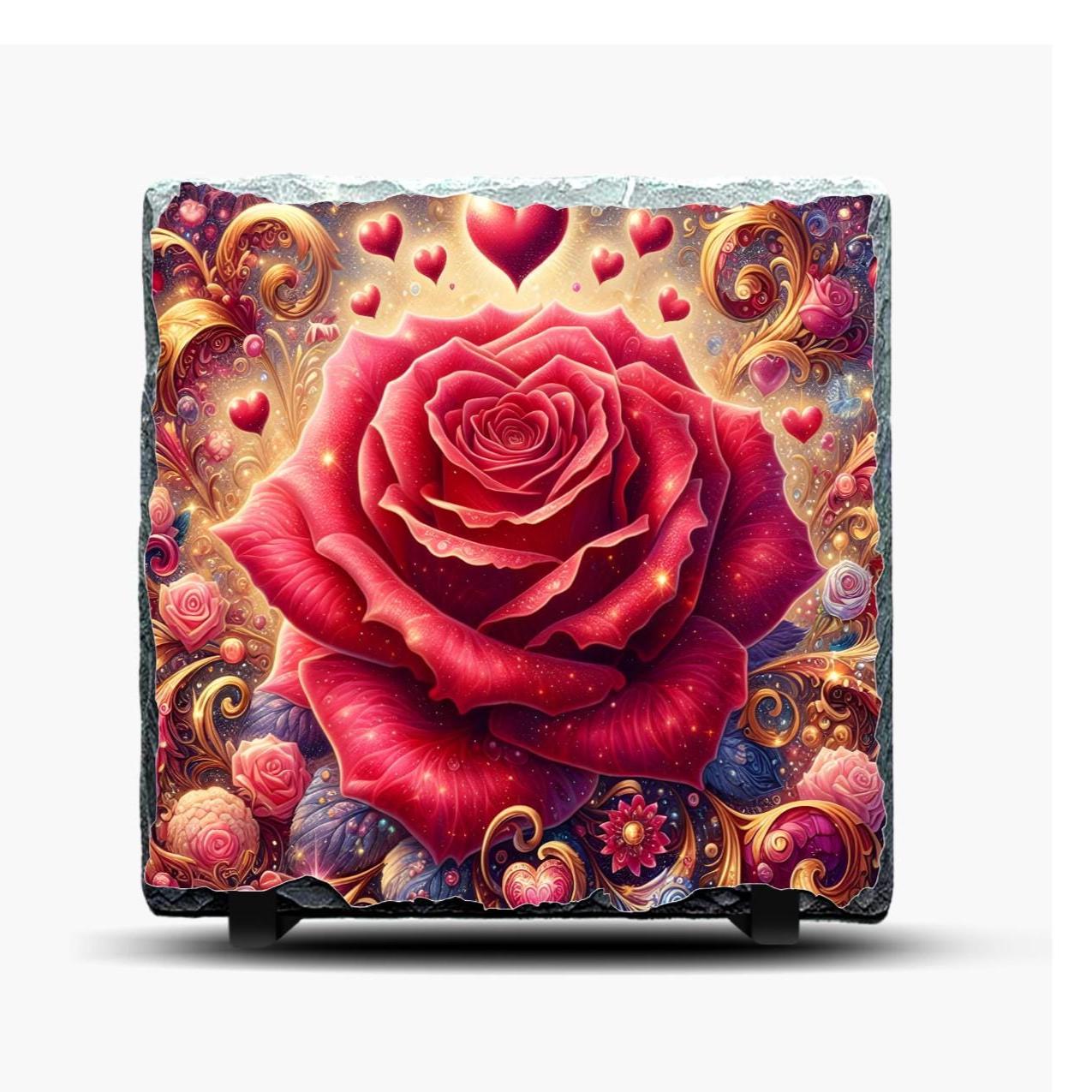 Pretty Red Rose Slate Picture With Display Legs