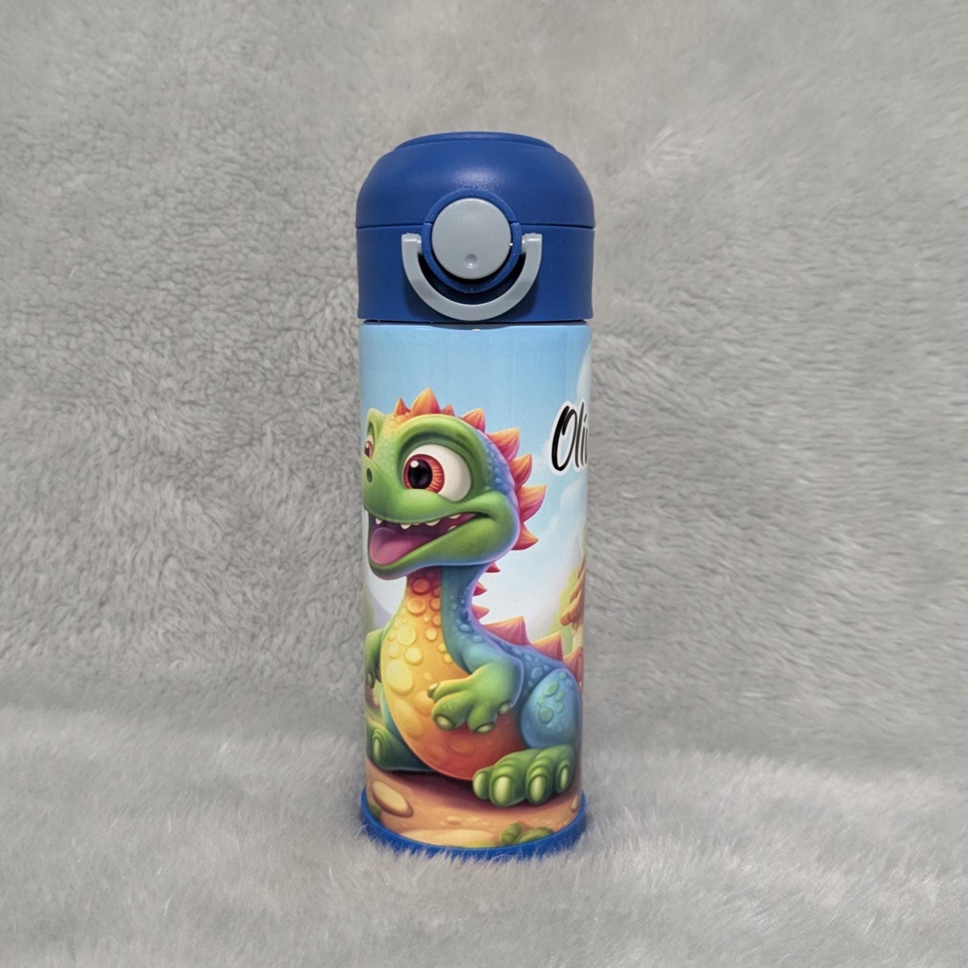 Adorable Kids Dinosaur Water Bottle 12oz With Reusable Straw Can Be Personalized