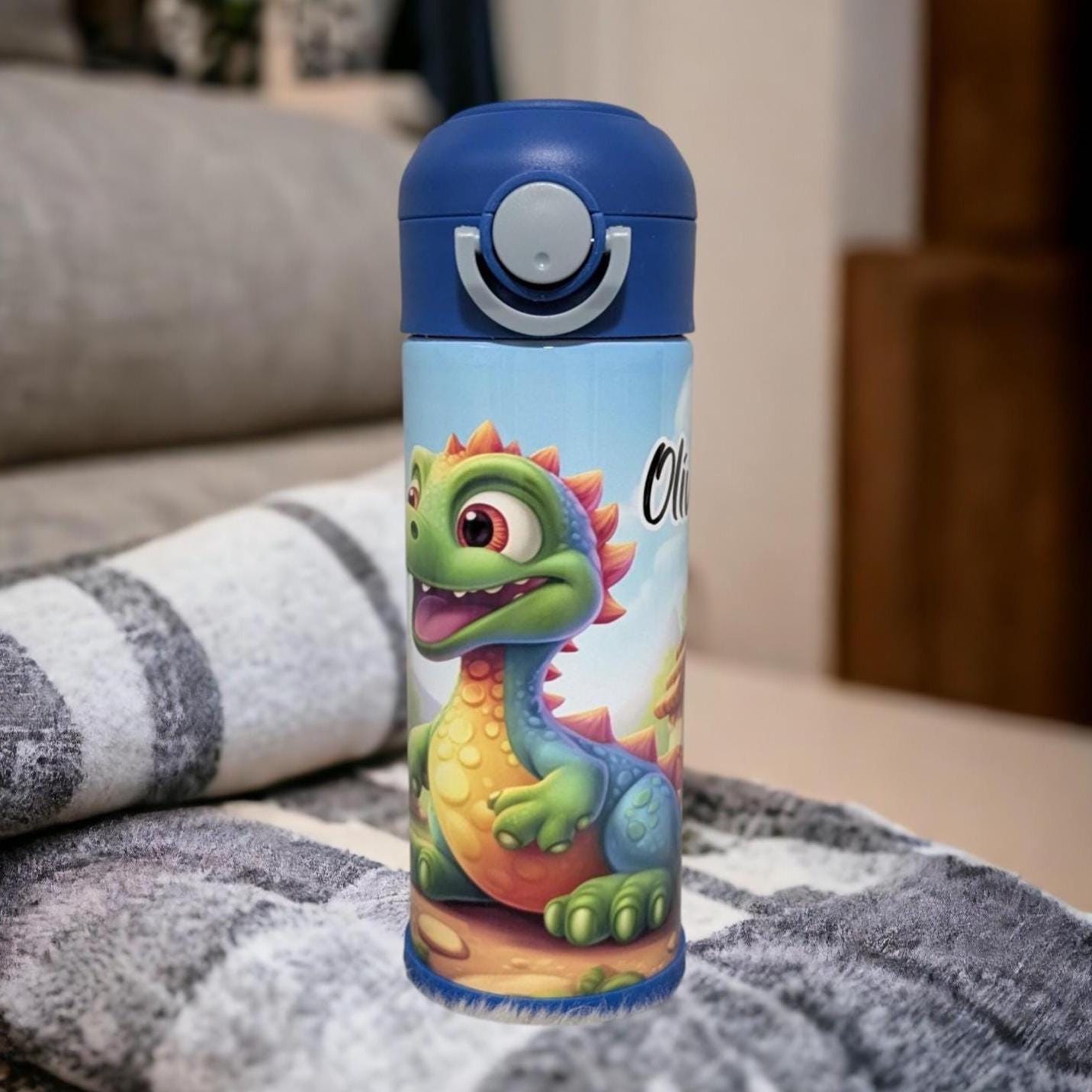 Adorable Kids Dinosaur Water Bottle 12oz With Reusable Straw Can Be Personalized
