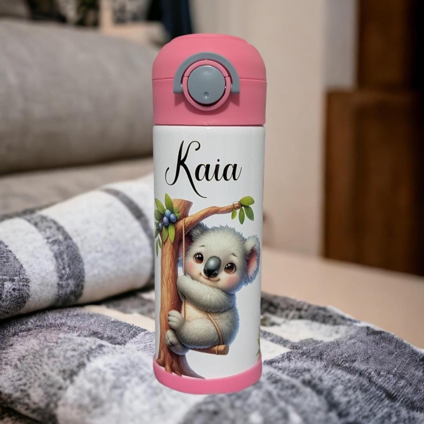 Kids Koala Bear Water Bottle 12oz With Reusable Straw, Can Be Personalized