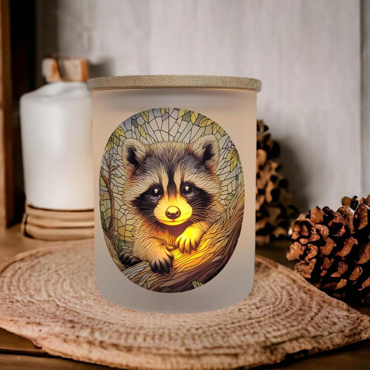 Raccoon Candle Holder With A Battery Operated Flickering Tea Light