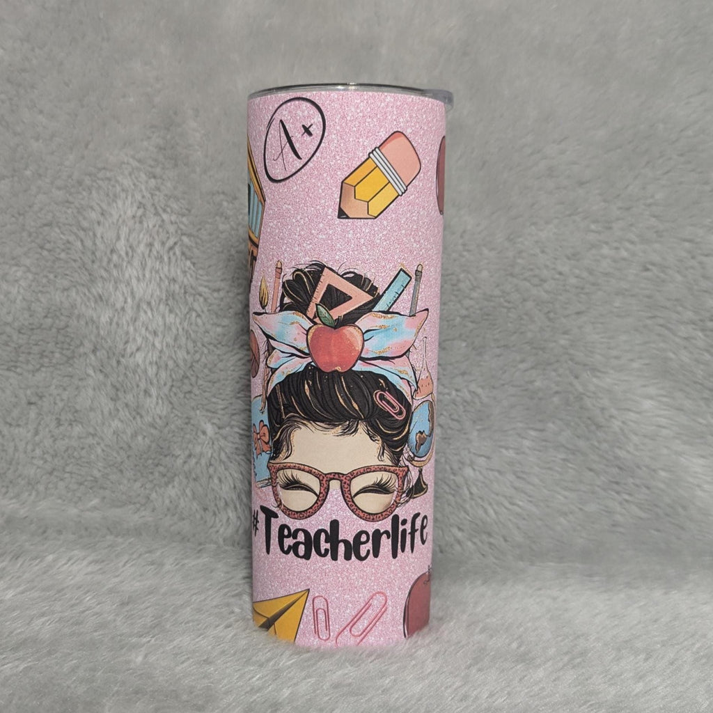Teacher Life Messy Bun Girl Tumbler 20oz With Reusable Straw, Can Be Personalized