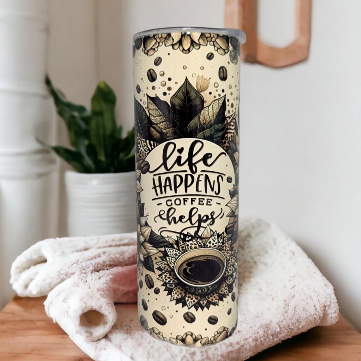 Life Happens Coffee Helps Tumbler With Coffee Beans and A Floral Print Includes Reusable Straw, Hot Cold Drinkware For Home Or On The Go