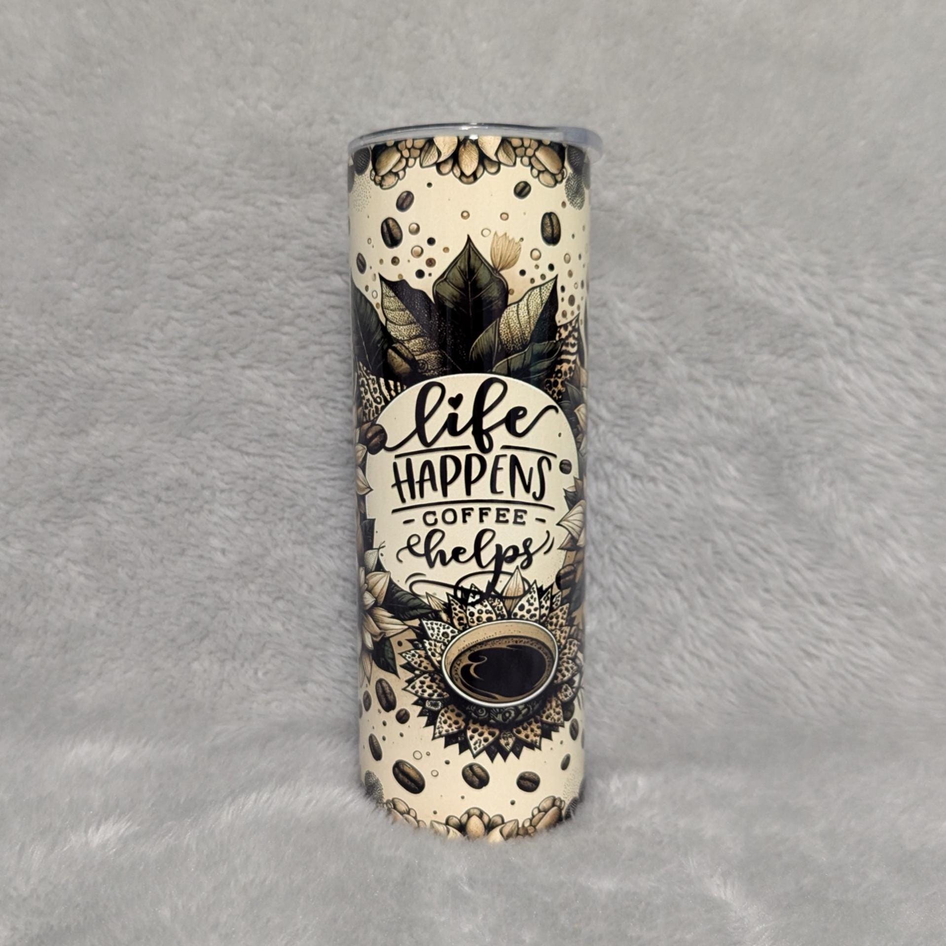 Life Happens Coffee Helps Tumbler With Coffee Beans and A Floral Print Includes Reusable Straw, Hot Cold Drinkware For Home Or On The Go