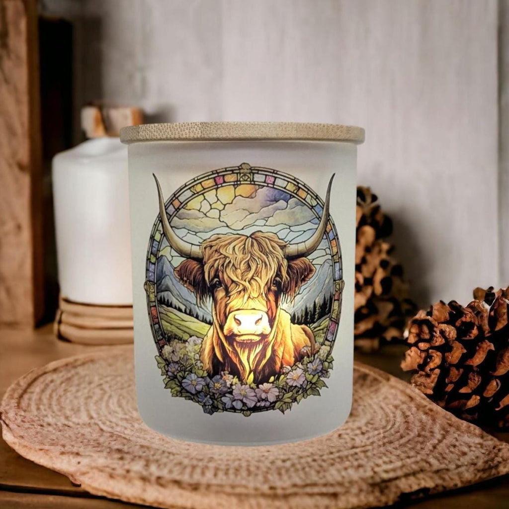 Highland Cow Stained Glass Design Candle Holder with Battery Operated Flickering Tea Light