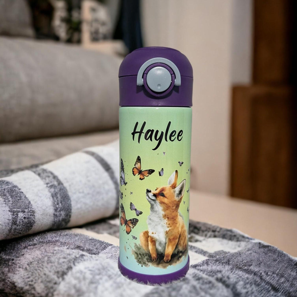 Kids Red Fox Water Bottle 12oz With Reusable Straw Can Be Personalized