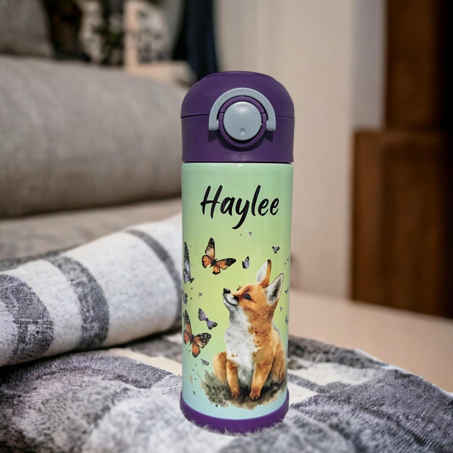 Kids Red Fox Water Bottle 12oz With Reusable Straw Can Be Personalized