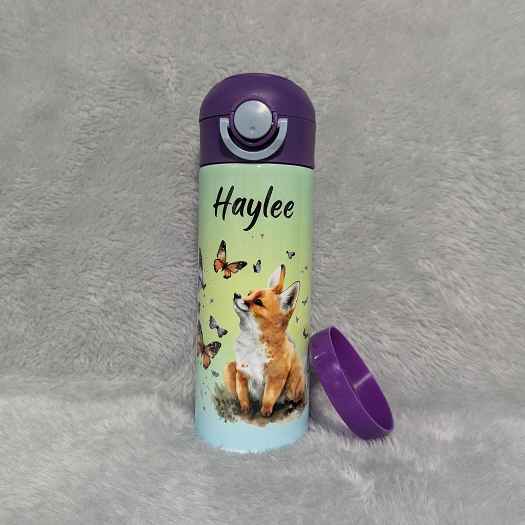Kids Red Fox Water Bottle 12oz With Reusable Straw Can Be Personalized