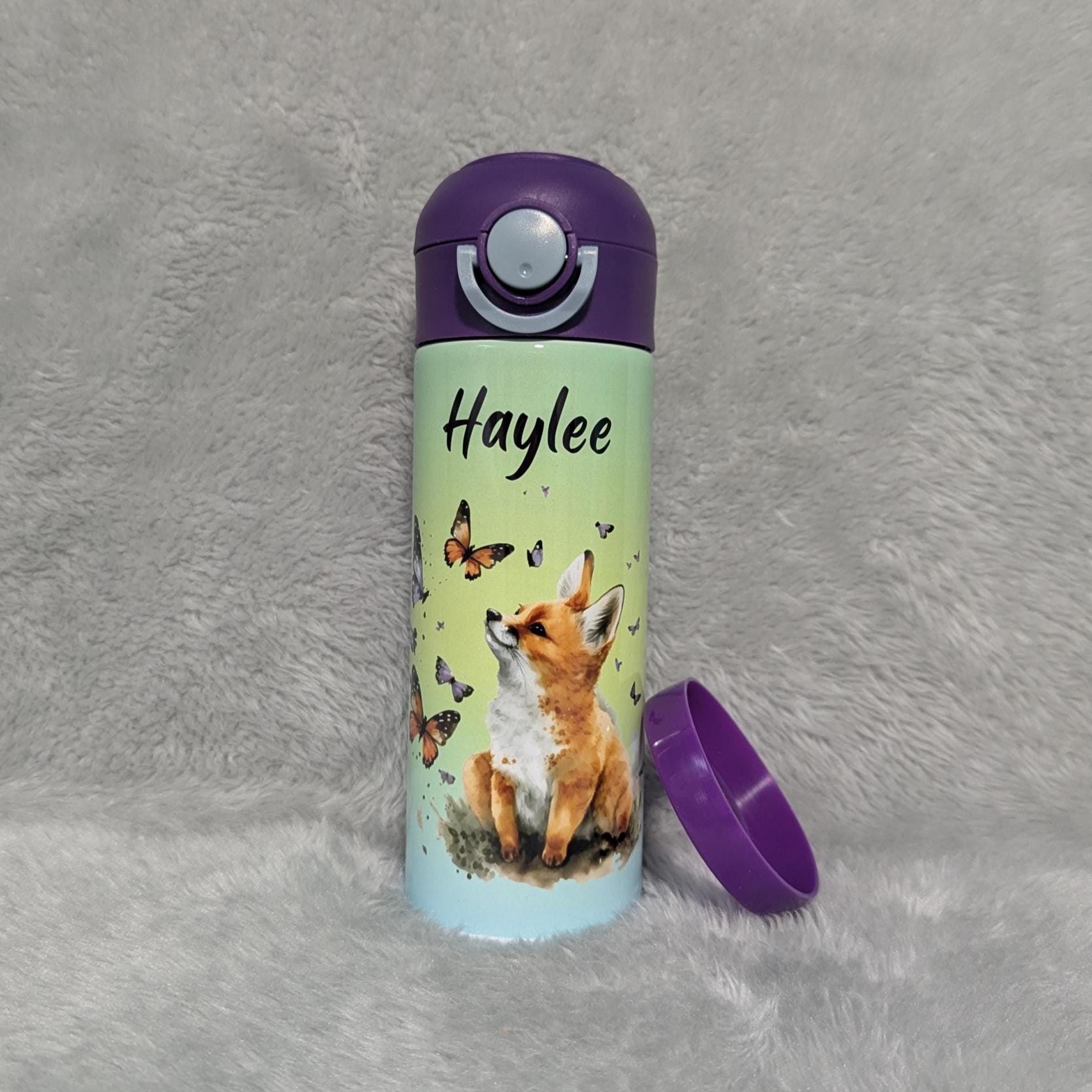 Kids Red Fox Water Bottle 12oz With Reusable Straw Can Be Personalized