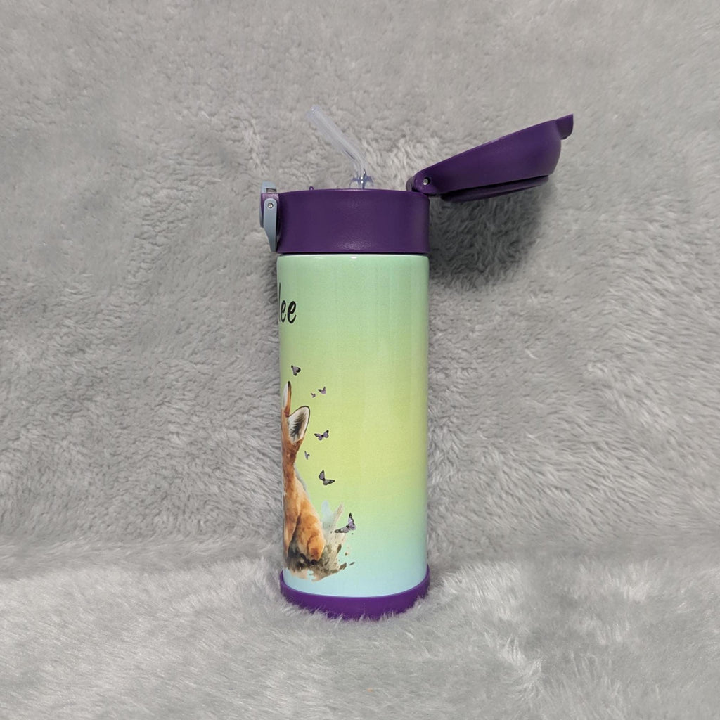 Kids Red Fox Water Bottle 12oz With Reusable Straw Can Be Personalized