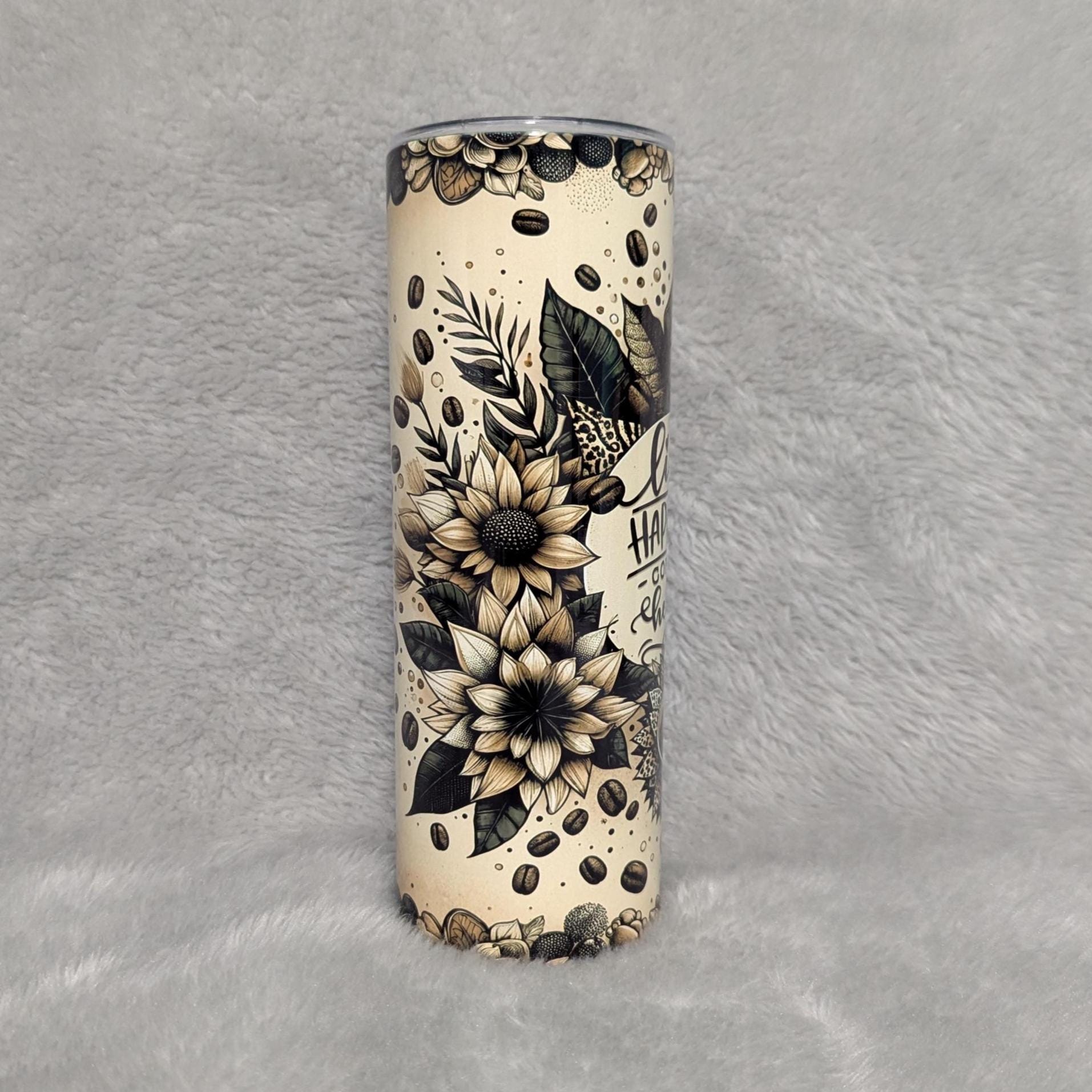 Life Happens Coffee Helps Tumbler With Coffee Beans and A Floral Print Includes Reusable Straw, Hot Cold Drinkware For Home Or On The Go