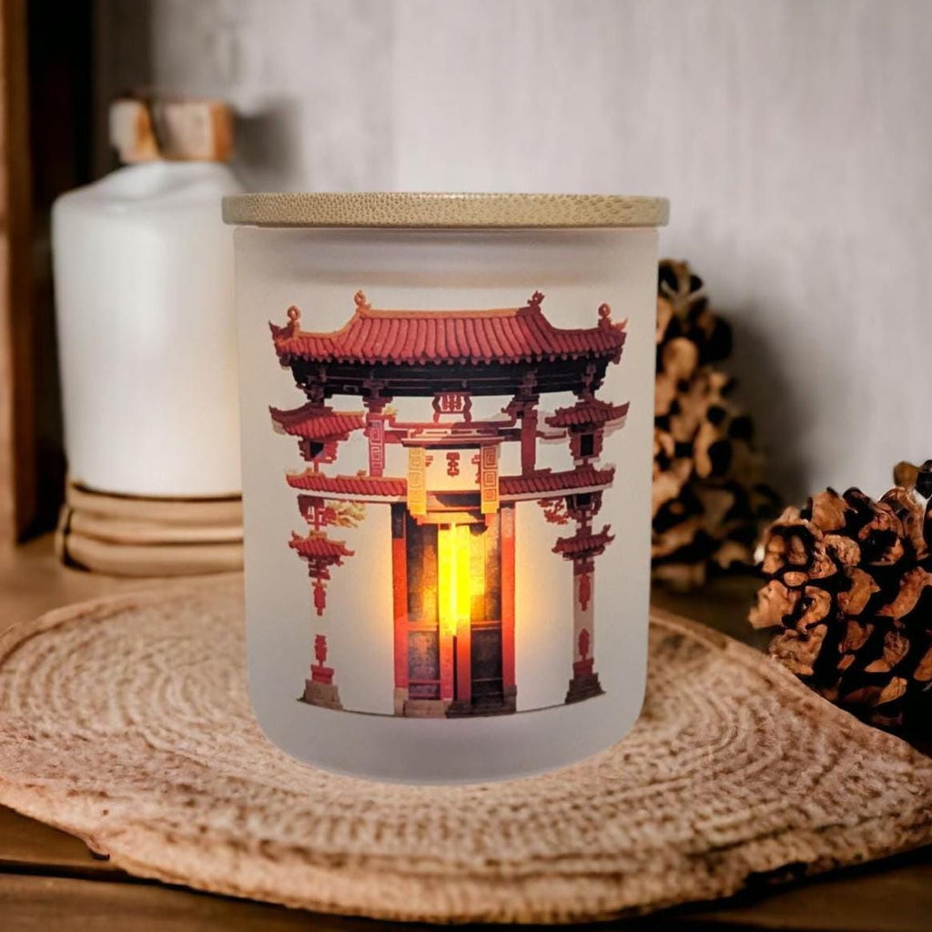 Red Chinese Gate Candle Holder with Battery Operated Flickering Tea Light and Bamboo Lid