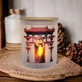 Red Chinese Gate Candle Holder with Battery Operated Flickering Tea Light and Bamboo Lid