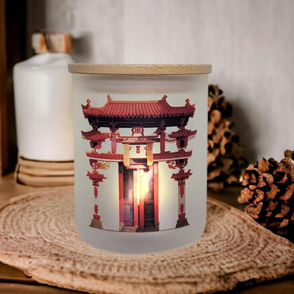 Red Chinese Gate Candle Holder with Battery Operated Flickering Tea Light and Bamboo Lid