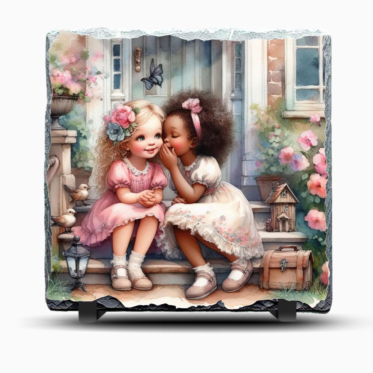 Two Little Girls Sharing Secrets Slate Picture With Display Legs