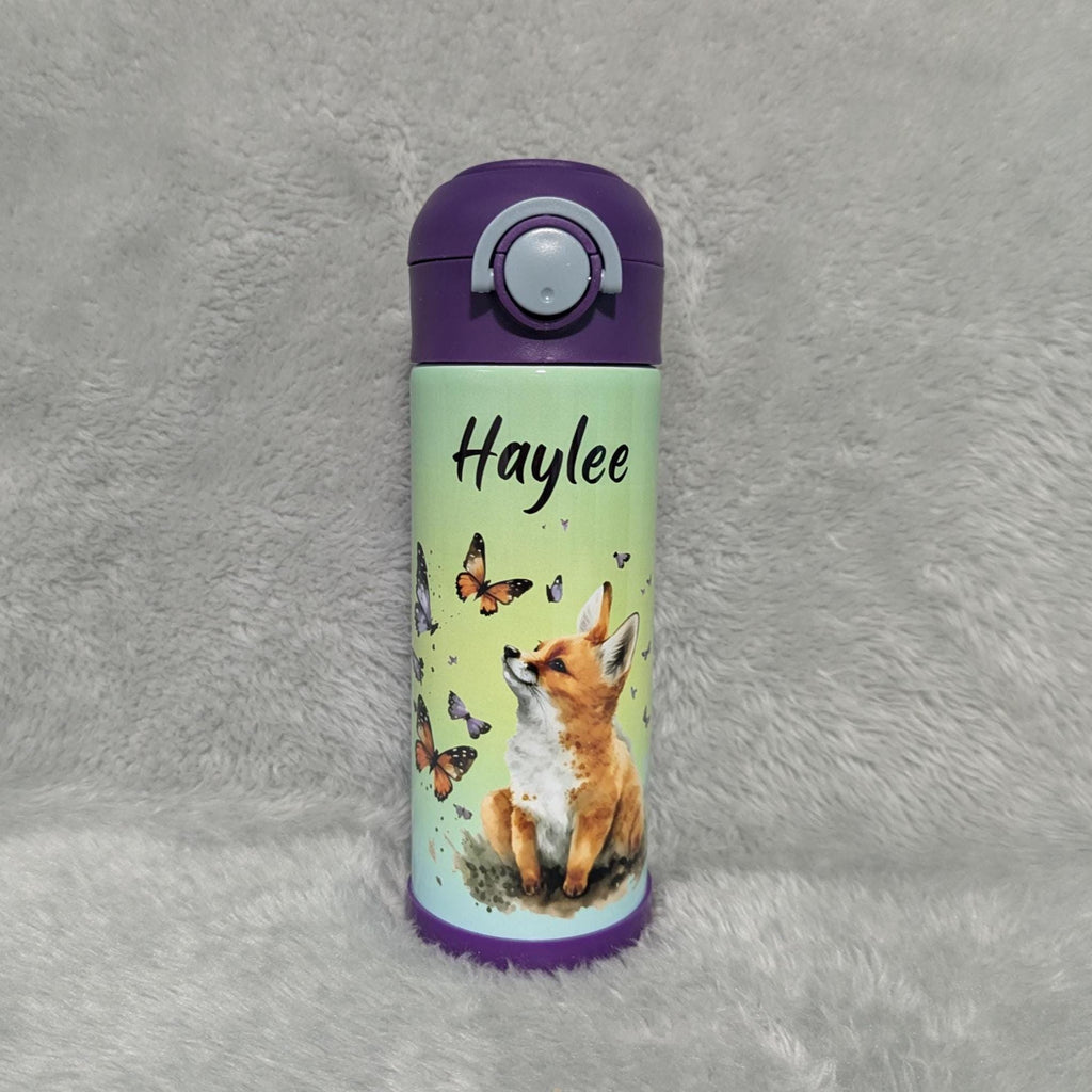 Kids Red Fox Water Bottle 12oz With Reusable Straw Can Be Personalized