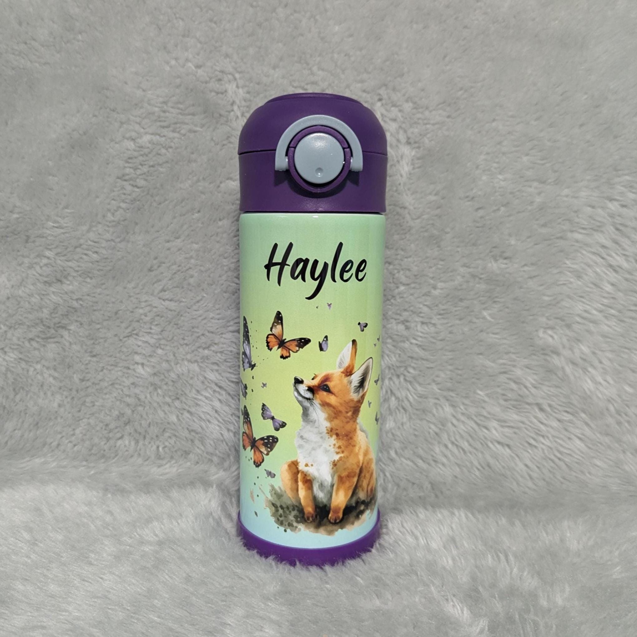 Kids Red Fox Water Bottle 12oz With Reusable Straw Can Be Personalized